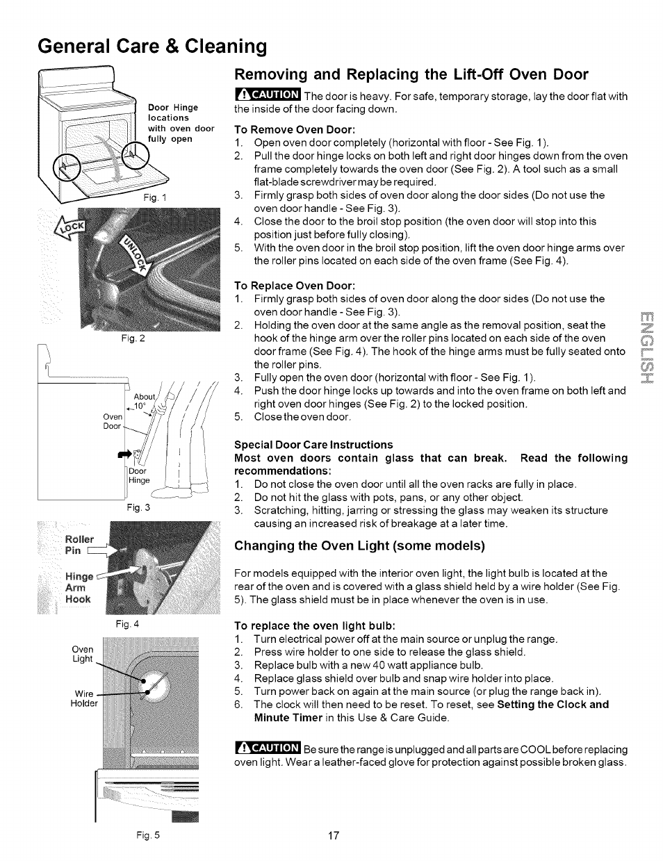 Removing and replacing the lift-off oven door, Changing the oven light (some models), General care & cleaning | Kenmore 790.7863 User Manual | Page 17 / 20