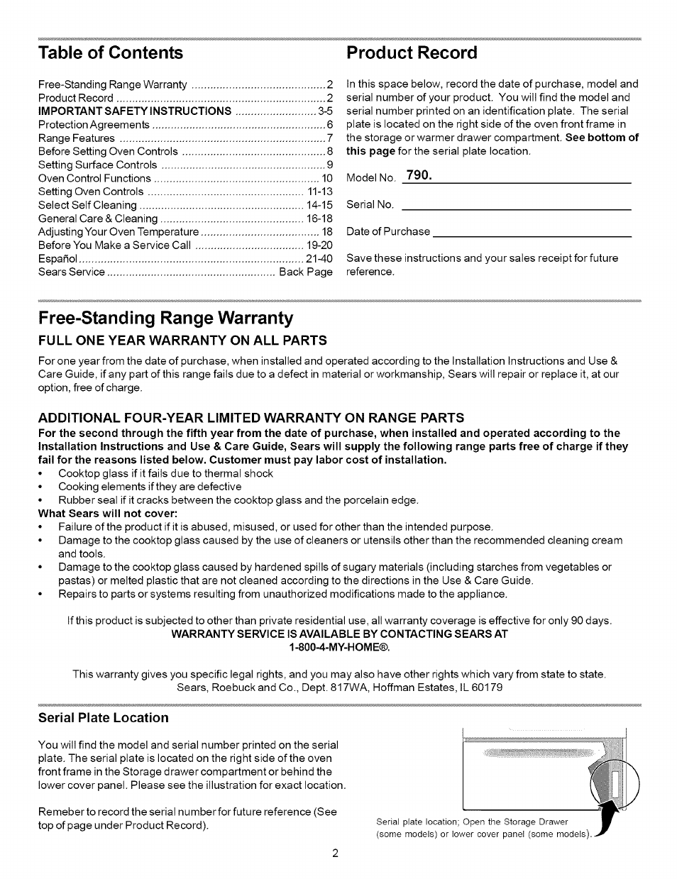 Free-standing range warranty, Table of contents product record | Kenmore 790.7863 User Manual | Page 2 / 20