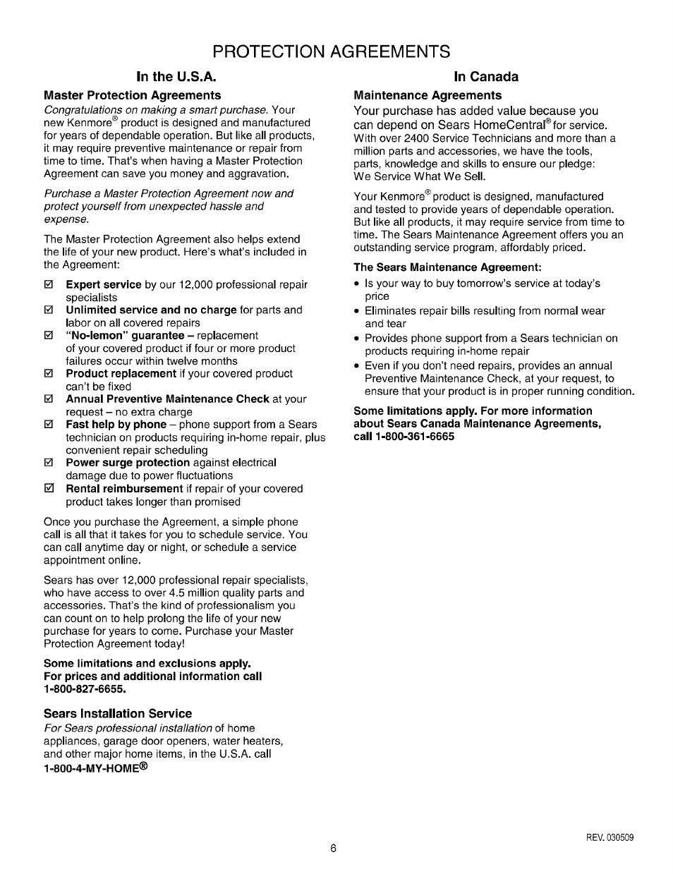 In the u.s.a, Master protection agreements, Sears installation service | In canada, Maintenance agreements, Protection agreements | Kenmore 790.7863 User Manual | Page 6 / 20