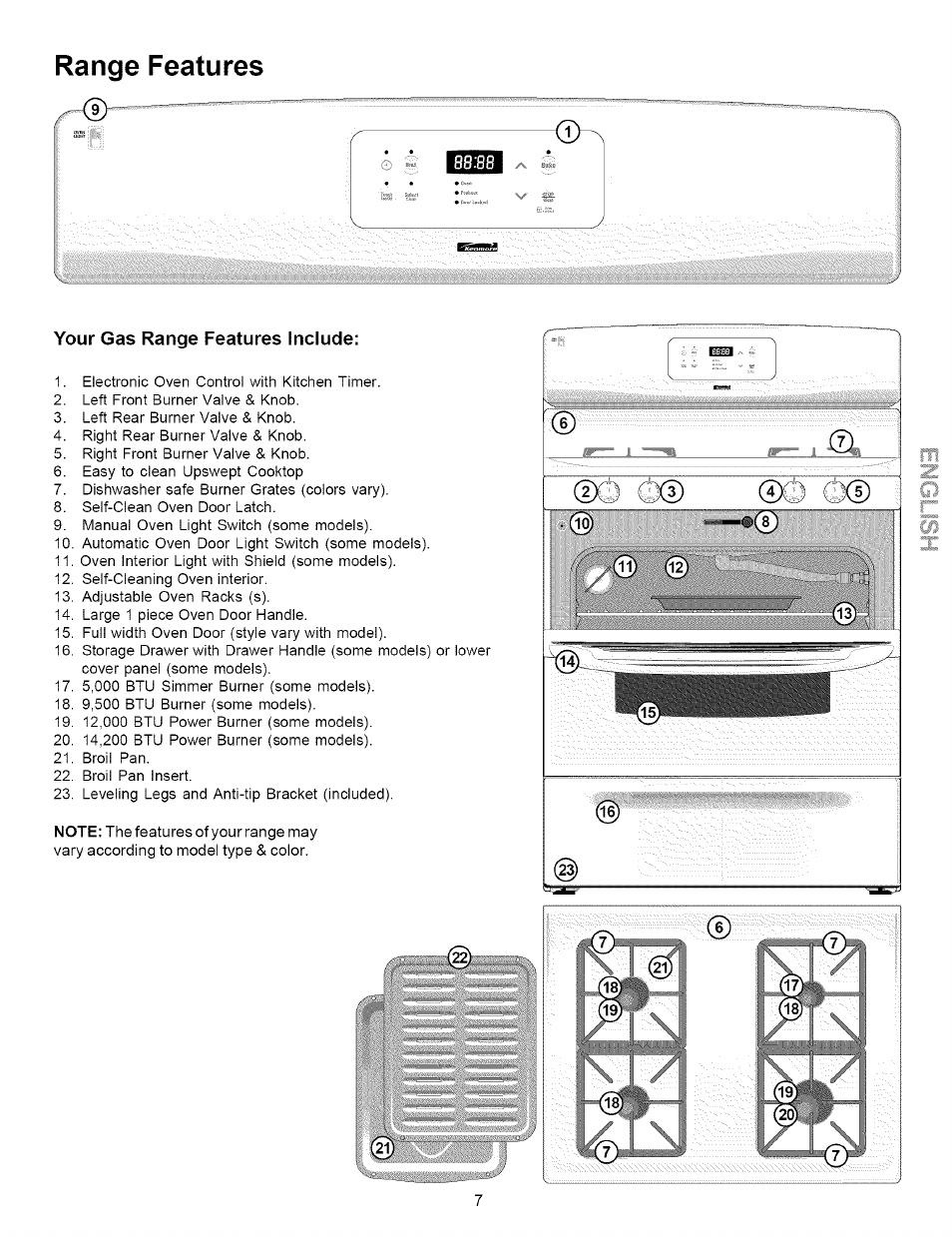 Your gas range features include, Range features | Kenmore 790.7863 User Manual | Page 7 / 20