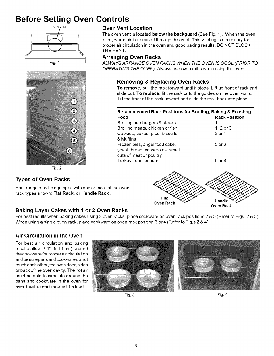 Oven vent location, Arranging oven racks, Removing & replacing oven racks | Types of oven racks, Baking layer cakes with 1 or 2 oven racks, Air circulation in the oven, Before setting oven controls, Œil mil №| i№i | Kenmore 790.7863 User Manual | Page 8 / 20