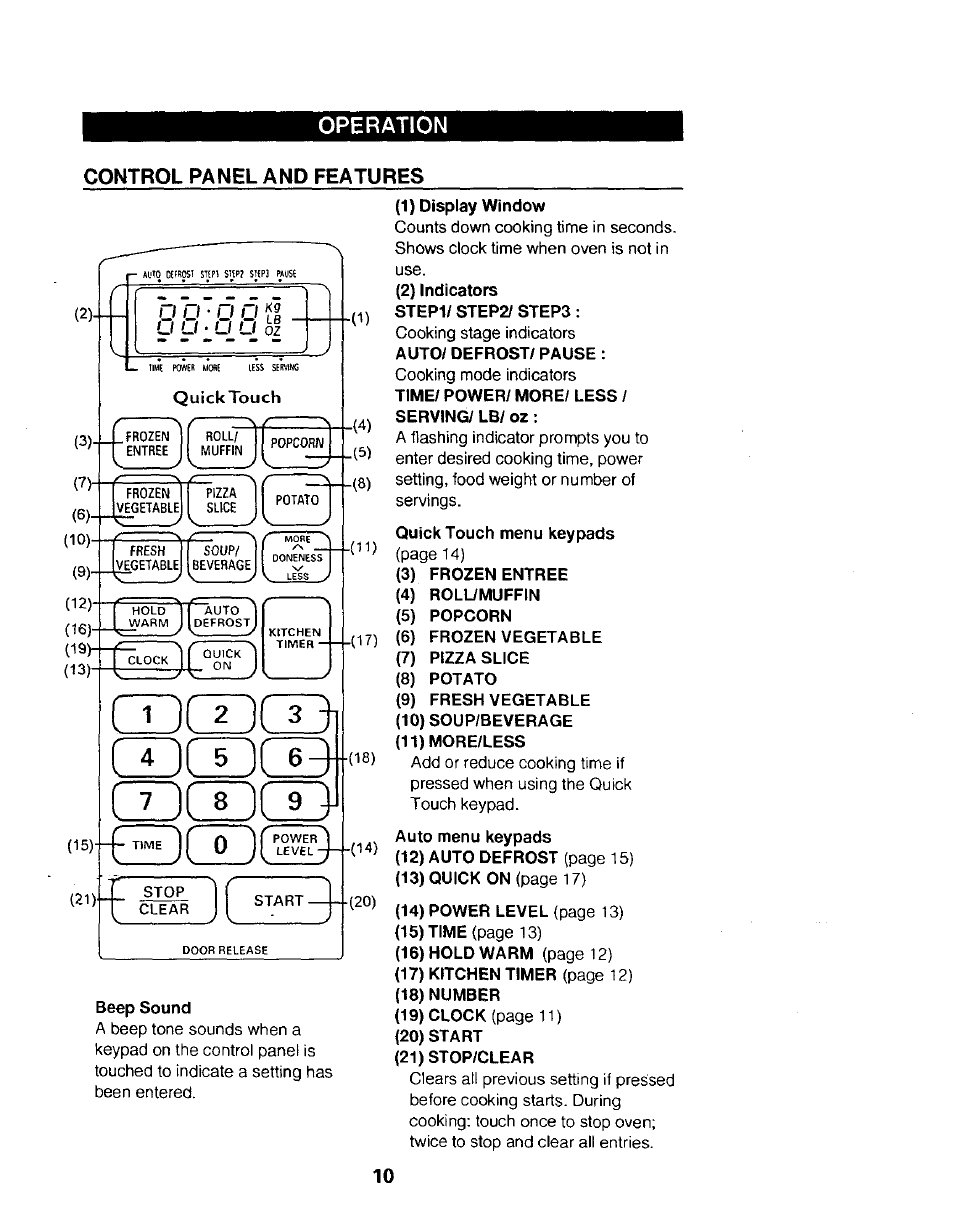 Operation, Control paneland features, 1) display window | Operation control paneland features | Kenmore 565.68301 User Manual | Page 10 / 30