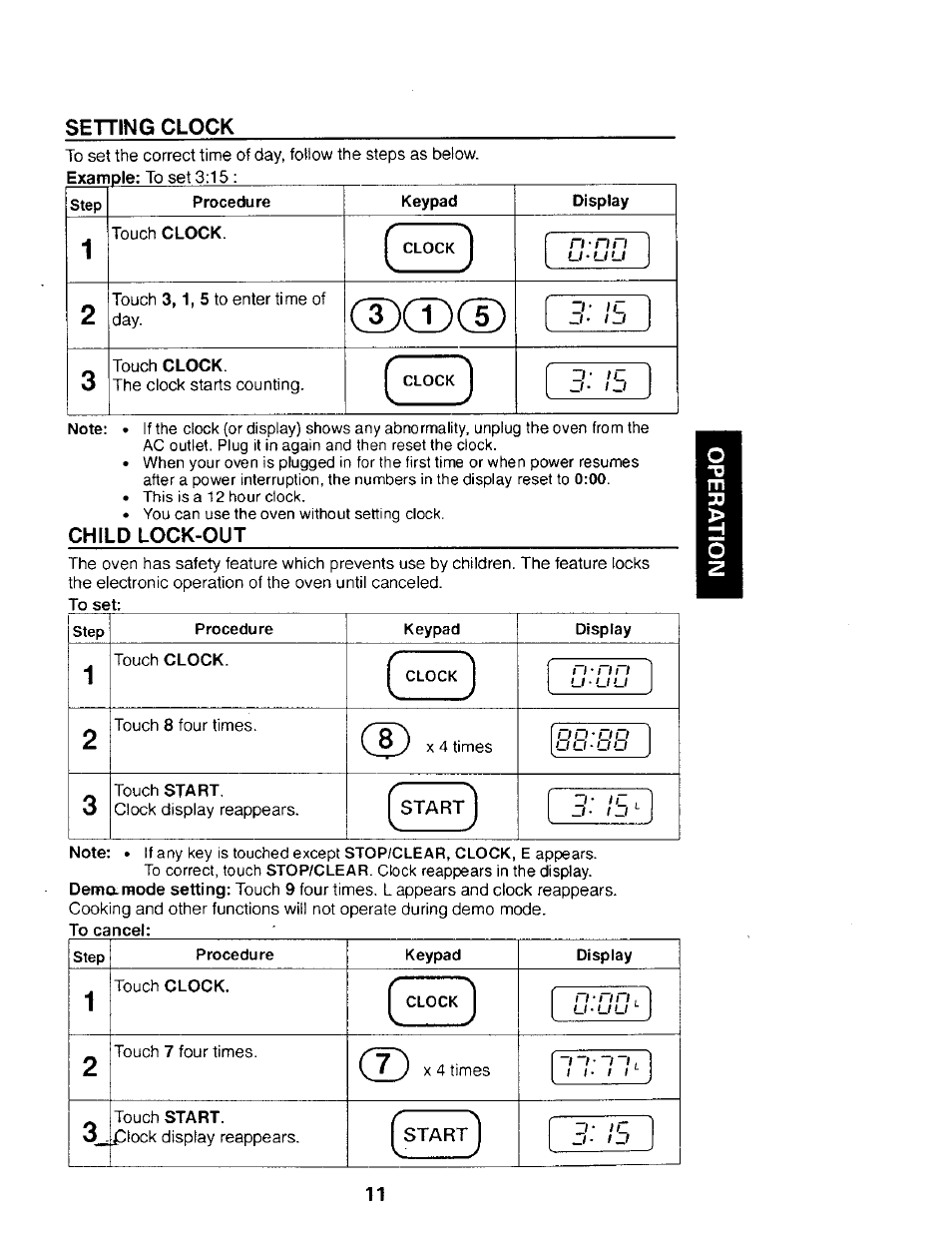 Setting clock, Step, Child lock-out | Procedure, Display, Start, Cdcd | Kenmore 565.68301 User Manual | Page 11 / 30