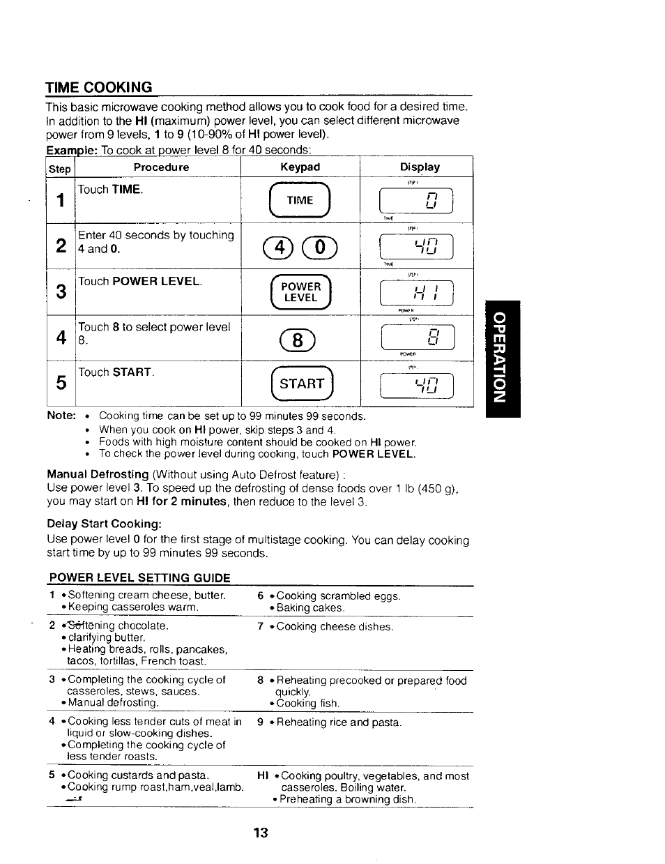 Procedure, Time, Touch power level | Startj, Power level setting guide, Time cooking | Kenmore 565.68301 User Manual | Page 13 / 30