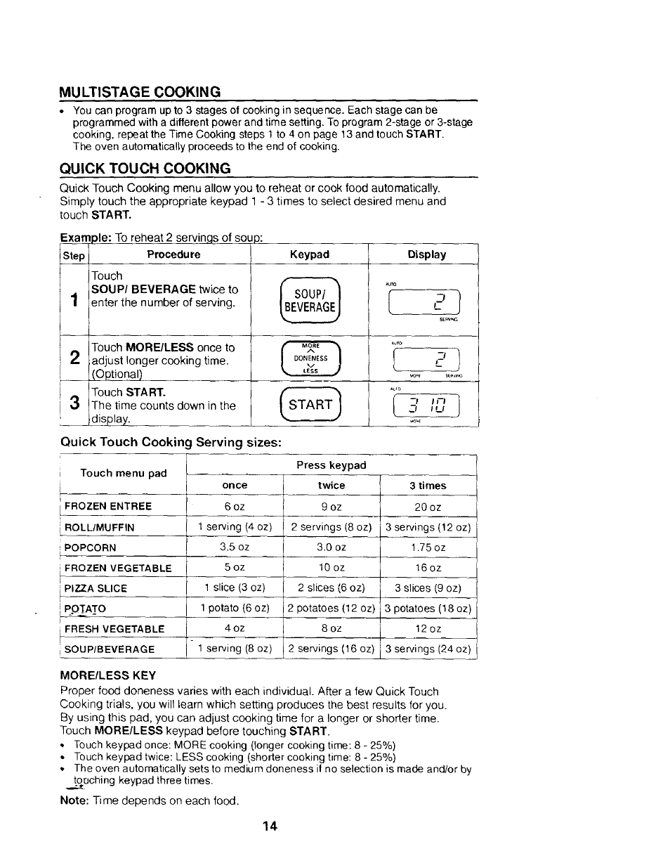 Quick touch cooking, More/less key, Multistage cooking | Start. example, More/less, Start, Quick touch cooking serving sizes | Kenmore 565.68301 User Manual | Page 14 / 30