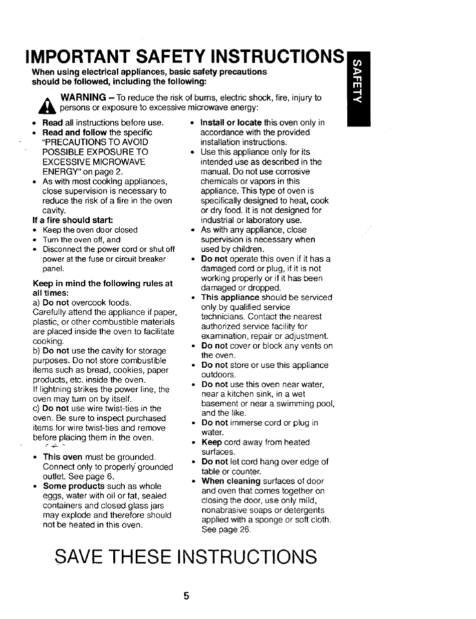 Important safety instructions, Keep in mind the following rules at all times, Save these instructions | Kenmore 565.68301 User Manual | Page 5 / 30