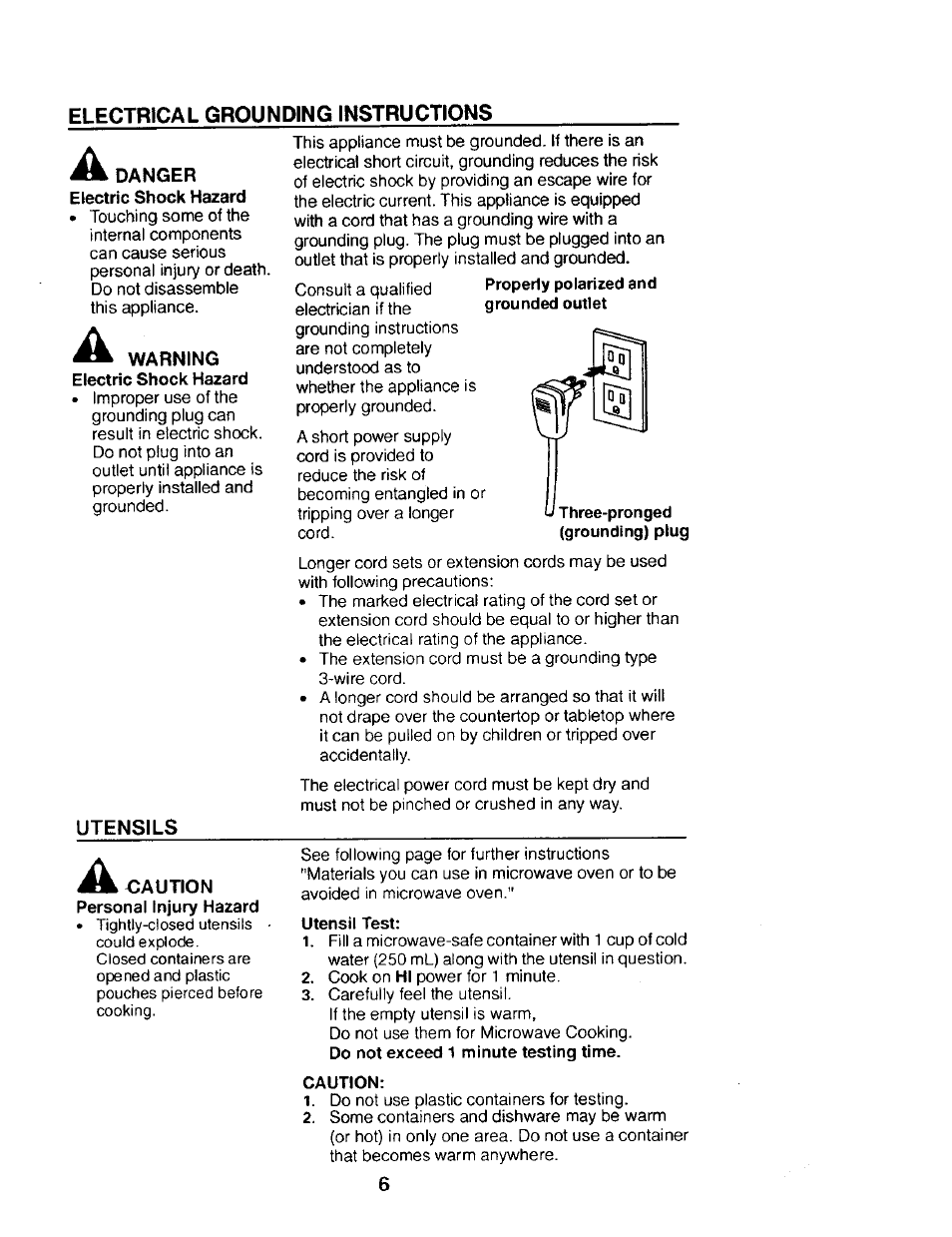 Electrical grounding instructions, Utensil test, Caution | Utensils | Kenmore 565.68301 User Manual | Page 6 / 30