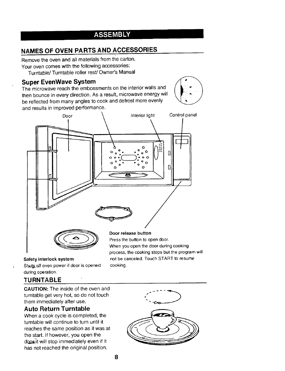 Names of oven parts and accessories, Super evenwave system, Assembly names of oven parts and accessories | Turntable, Auto return turntable | Kenmore 565.68301 User Manual | Page 8 / 30