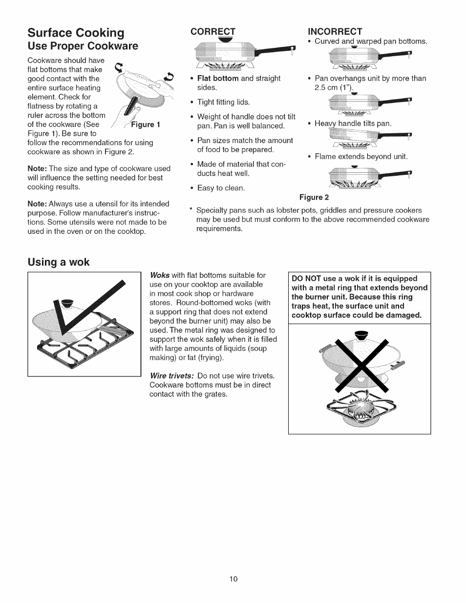 Incorrect, Surface cooking, Use proper cookware | Using a wok | Kenmore 790.3693 User Manual | Page 10 / 28