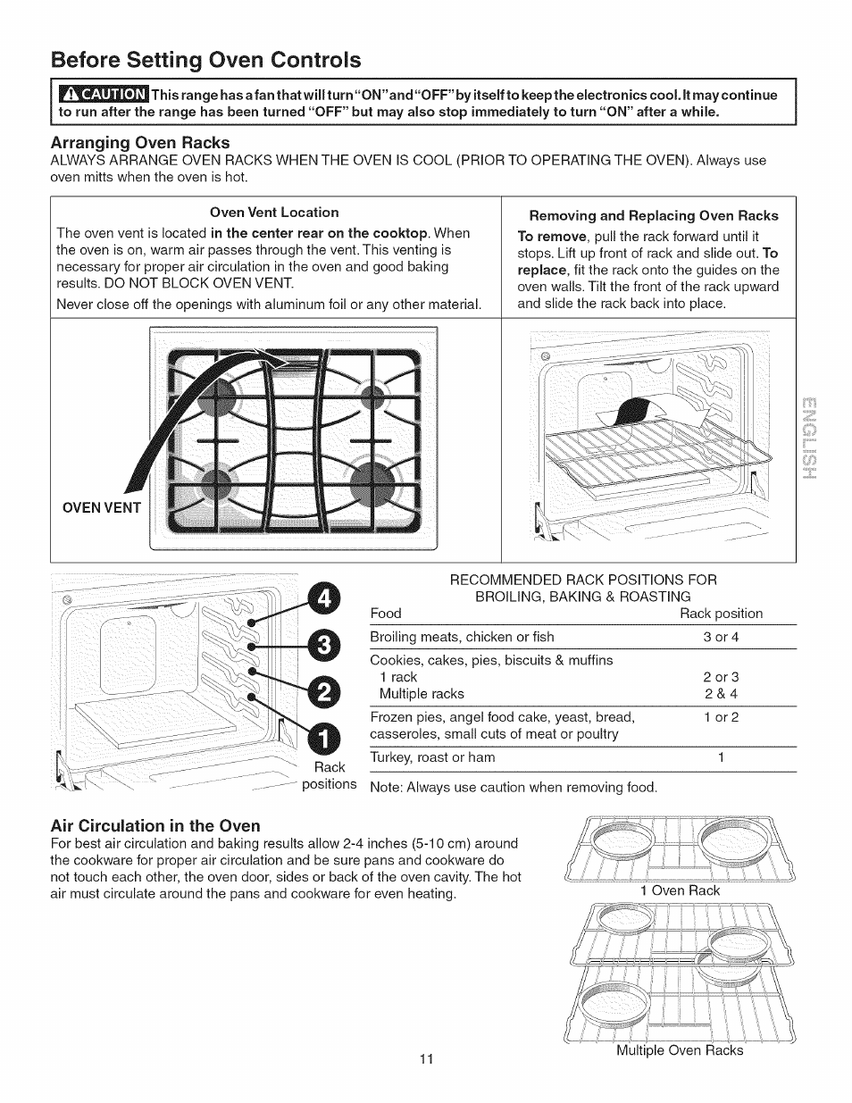 Â caution, Arranging oven racks, Air circulation in the oven | Before setting oven controls | Kenmore 790.3693 User Manual | Page 11 / 28