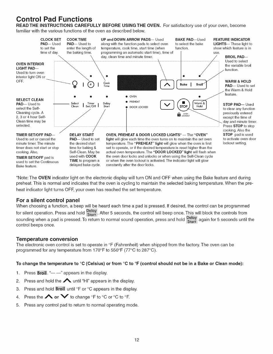 Control pad functions, For a silent control panel, Temperature conversion | 2 i o i | Kenmore 790.3693 User Manual | Page 12 / 28