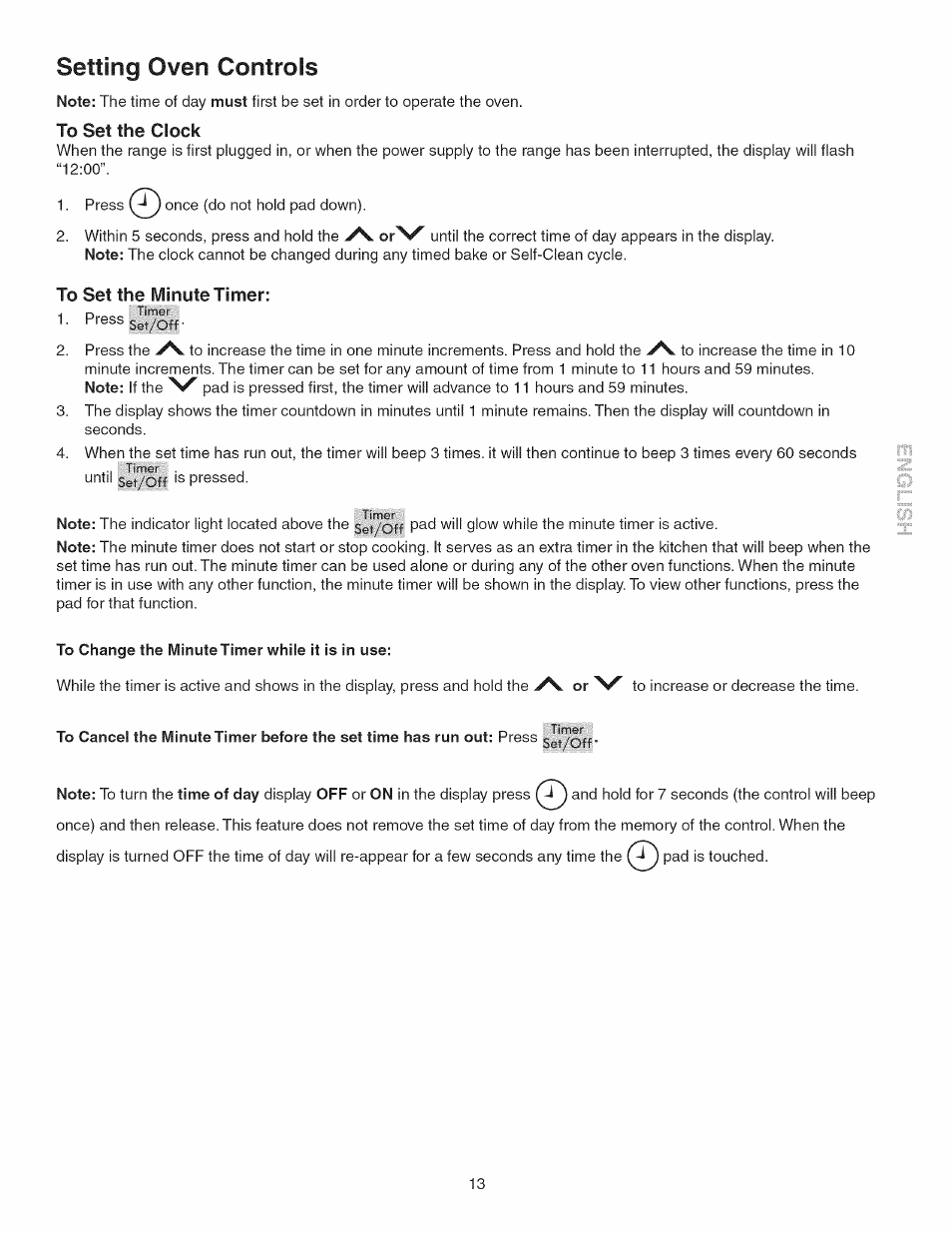 To set the clock, To set the minute timer, Setting oven controls | Kenmore 790.3693 User Manual | Page 13 / 28