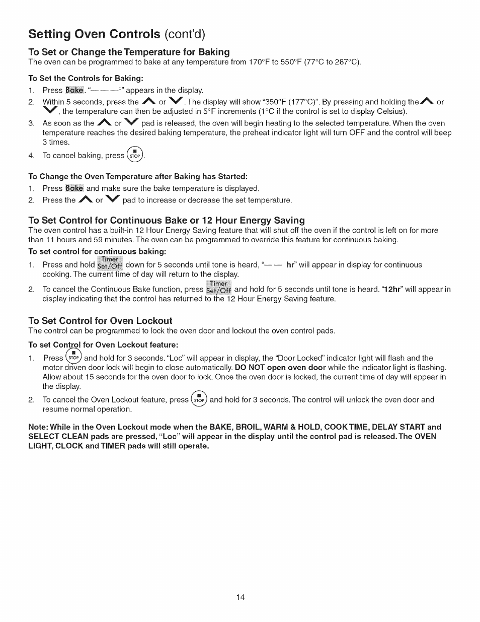 To set control for oven lockout, Setting oven controls (cont’d) | Kenmore 790.3693 User Manual | Page 14 / 28