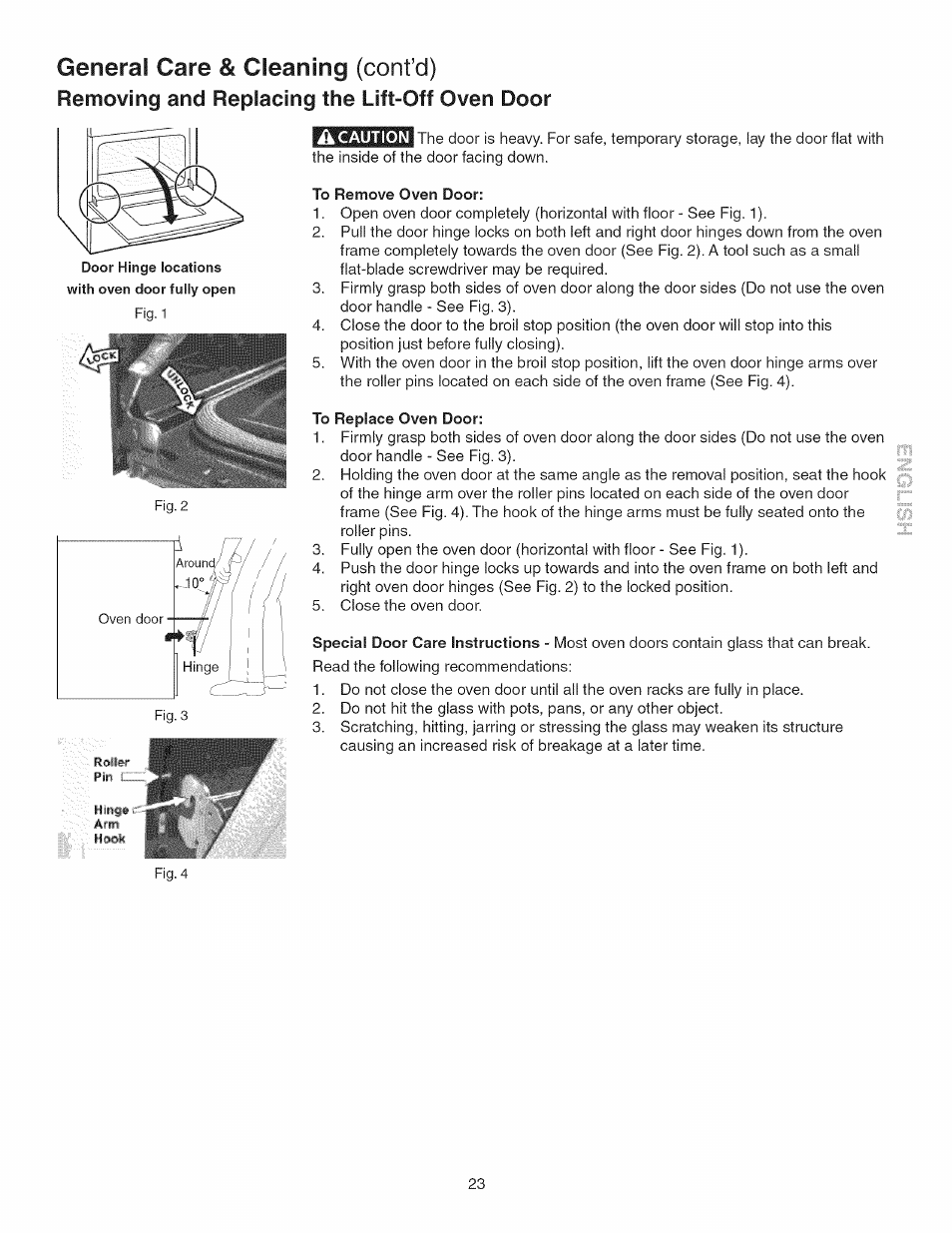 General care & cleaning (cont’d), Removing and replacing the lift-off oven door | Kenmore 790.3693 User Manual | Page 23 / 28