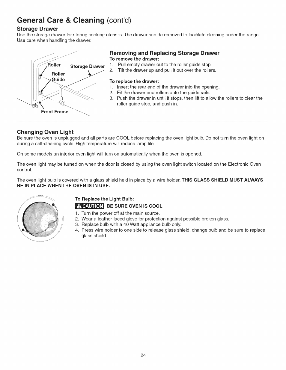 Removing and replacing storage drawer, Changing oven light, Generai care & cleaning (cont’d) | Kenmore 790.3693 User Manual | Page 24 / 28