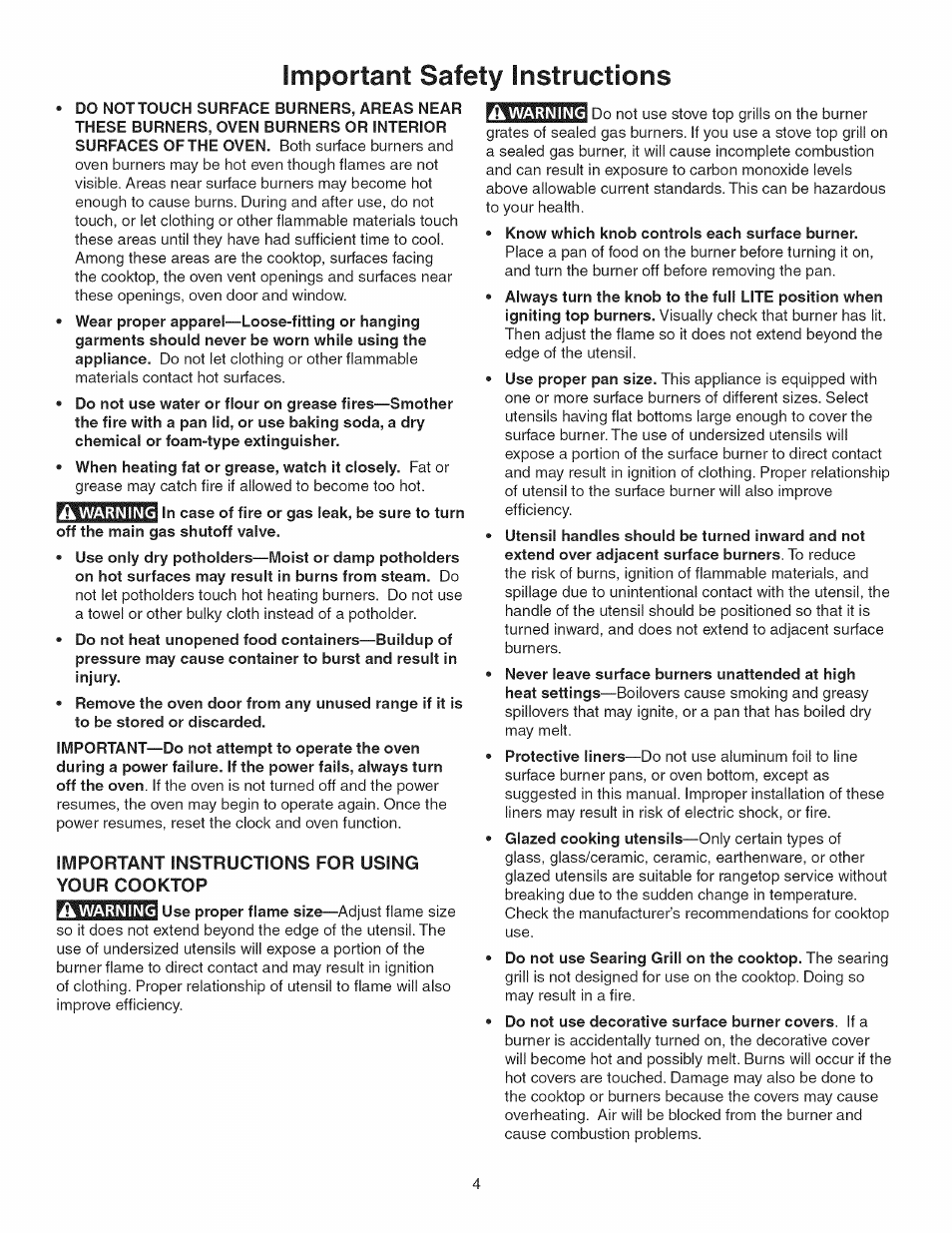 Important instructions for using your cooktop, Important safety instructions | Kenmore 790.3693 User Manual | Page 4 / 28