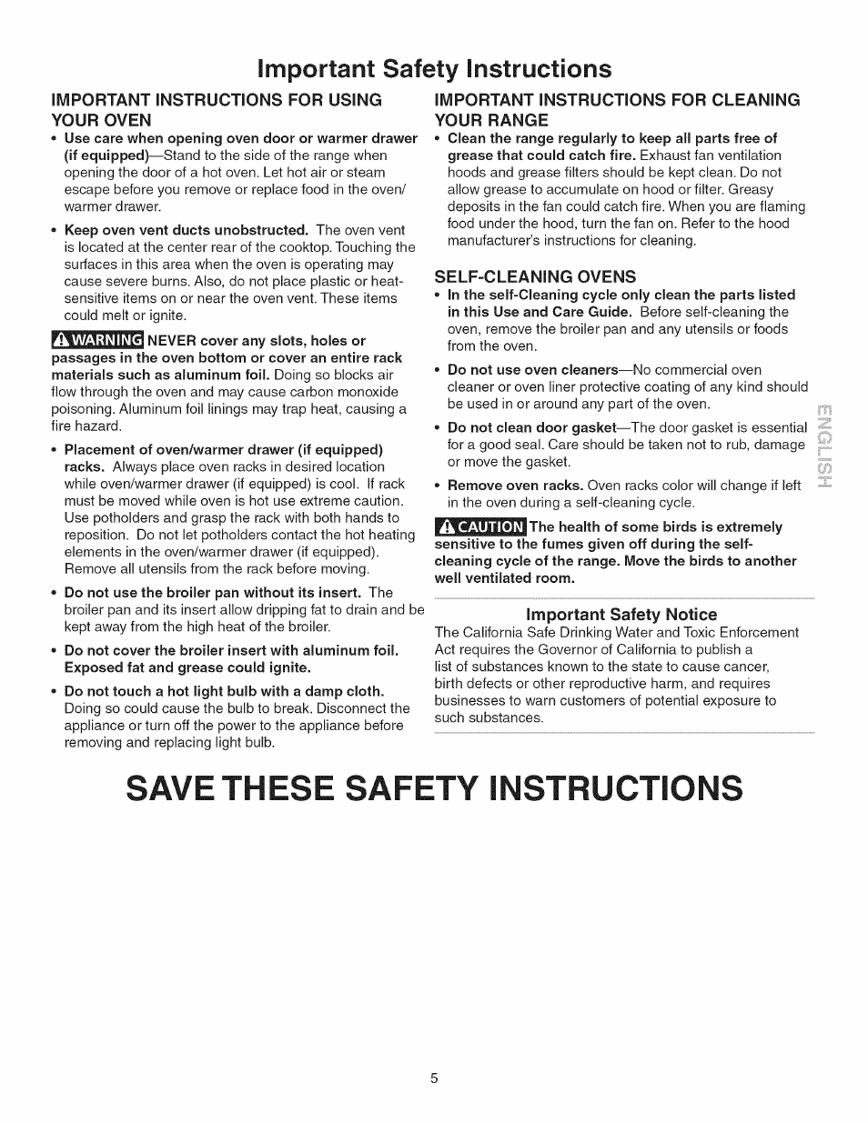 Important instructions for cleaning your range, Self-cleaning ovens, Important safety notice | Save these safety instructions, Important safety instructions | Kenmore 790.3693 User Manual | Page 5 / 28