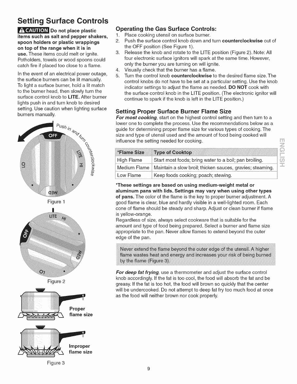 Ik caution, Operating the gas surface controls, Setting proper surface burner flame size | Setting surface controls | Kenmore 790.3693 User Manual | Page 9 / 28