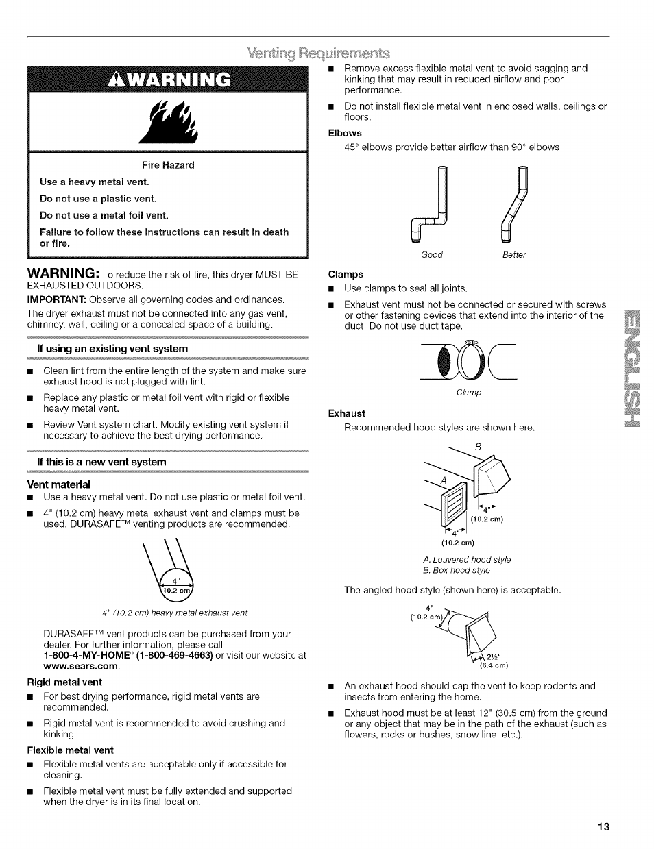 Verting reqoireitients, Elbows, Fire hazard | Do not use a metal foil vent, If using an existing vent system, If this is a new vent system, Vent material, Flexible metal vent, Clamps, Exhaust | Kenmore ELITE OASIS 110.6707 User Manual | Page 13 / 56