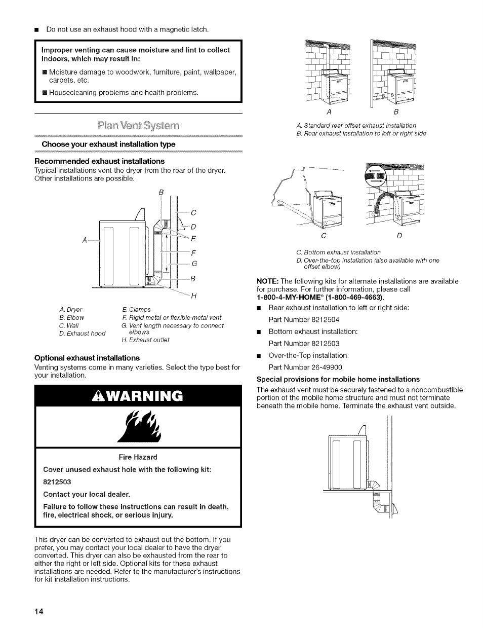 Choose your exhaust installation type, Recommended exhaust installations, Optional exhaust installations | Awarning | Kenmore ELITE OASIS 110.6707 User Manual | Page 14 / 56