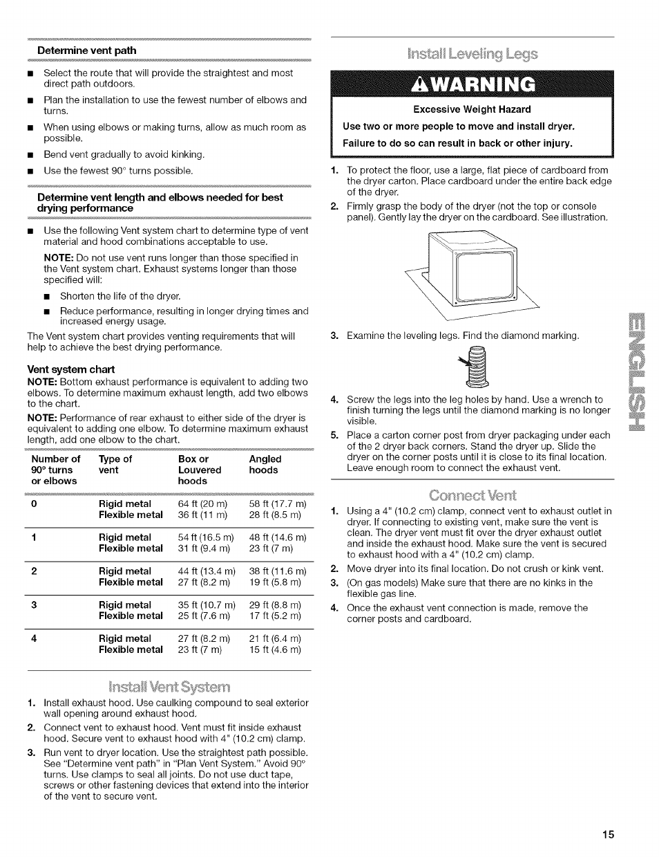 Install leveling legs, Vent system chart | Kenmore ELITE OASIS 110.6707 User Manual | Page 15 / 56