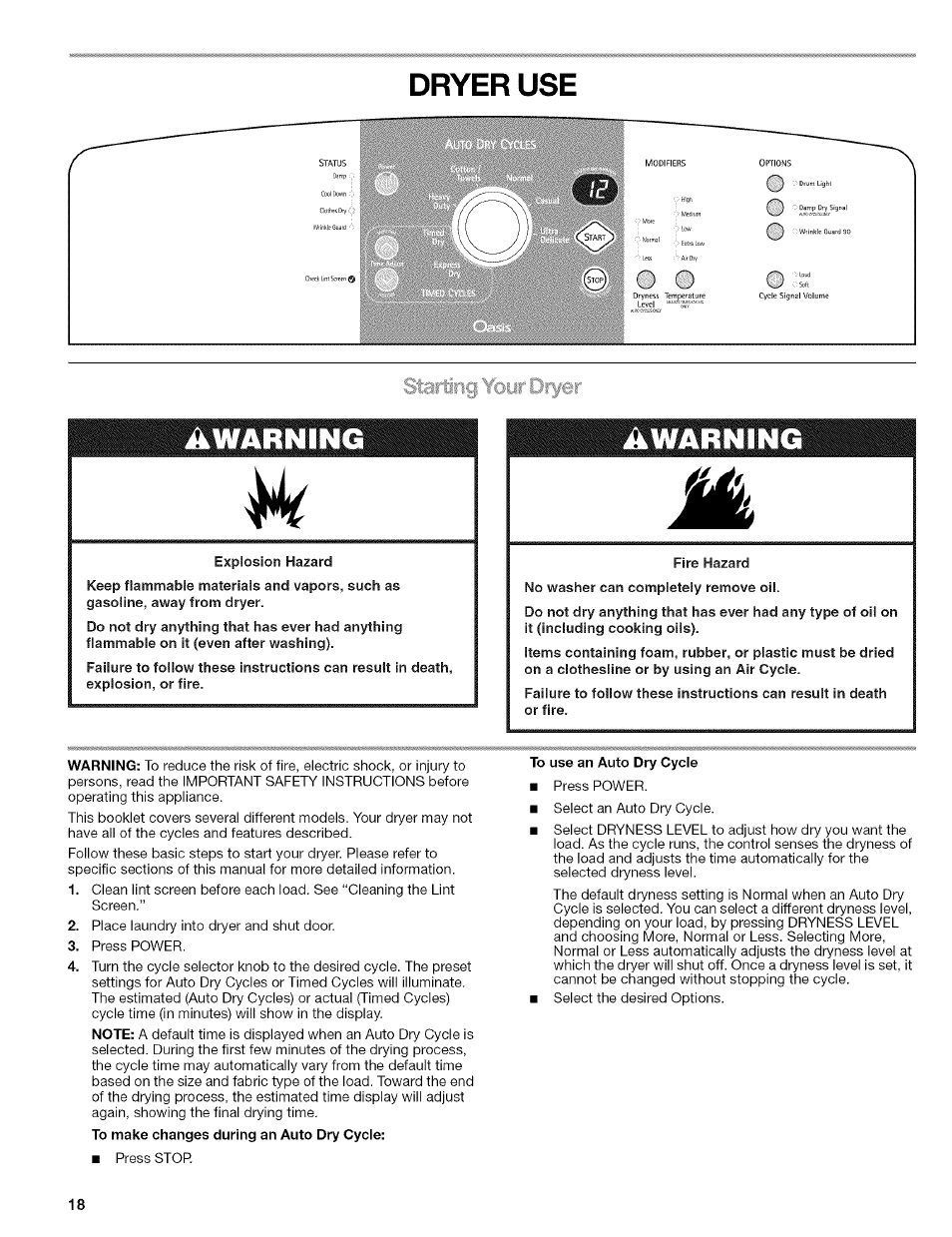 To use an auto dry cycle, Dryer use, U/ m | Awarning | Kenmore ELITE OASIS 110.6707 User Manual | Page 18 / 56