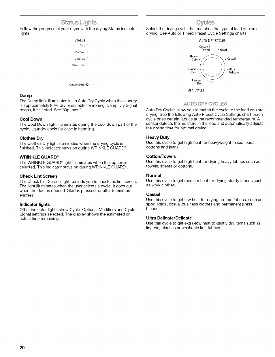 Maim ligrits, Damp, Cool down | Clothes dry, Wrinkle guard, Check lint screen, Indicator lights, Heavy duty, Cotton/towels, Normal | Kenmore ELITE OASIS 110.6707 User Manual | Page 20 / 56