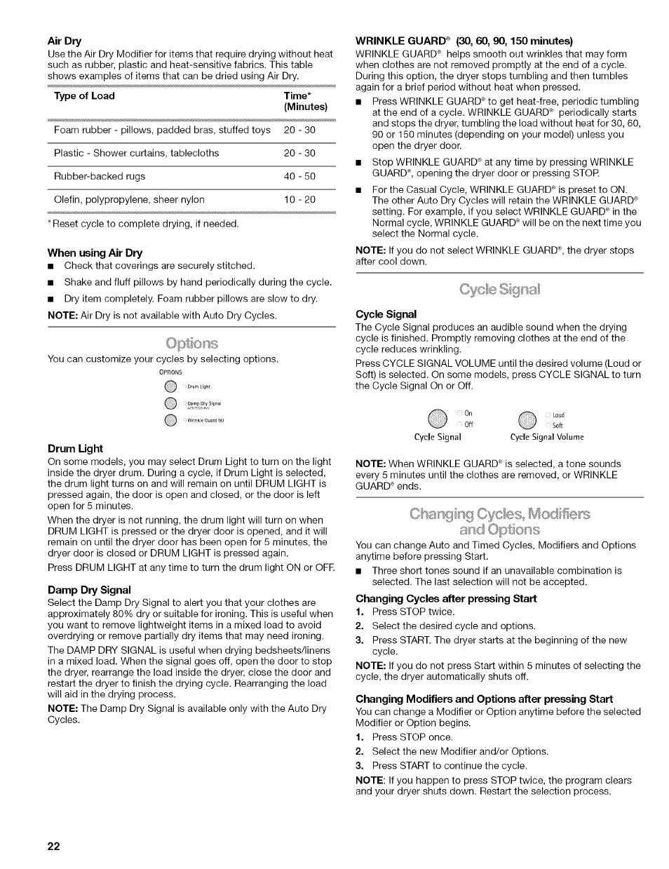 When using air dry, Drum light, Damp dry signal | Wrinkle guard® (30, 60, 90,150 minutes), Cyule signal, Cycle signal | Kenmore ELITE OASIS 110.6707 User Manual | Page 22 / 56