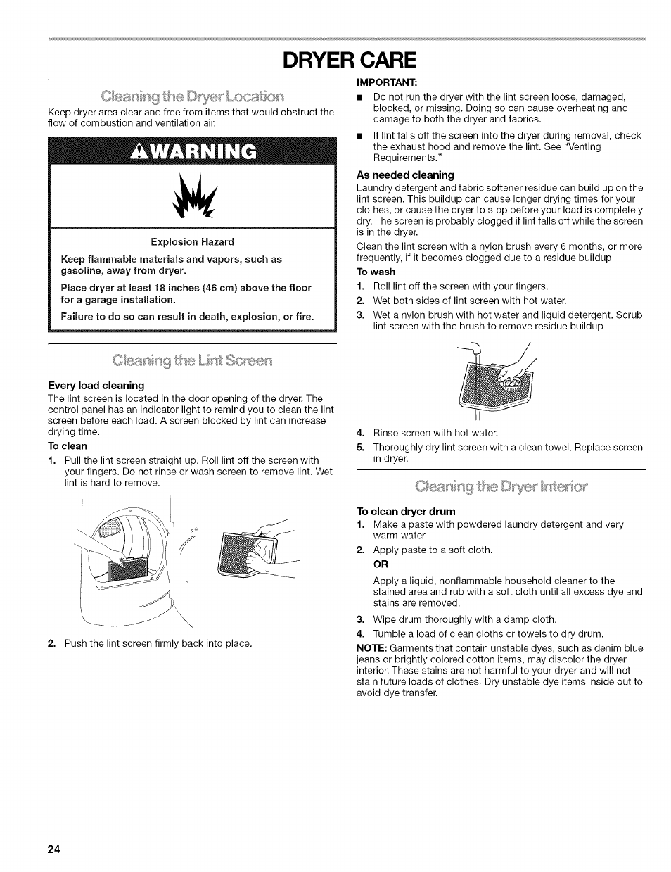 Fiîf, Cation, Important | Every load cleaning, To clean dryer drum, Dryer care, Fiîf .^cation | Kenmore ELITE OASIS 110.6707 User Manual | Page 24 / 56