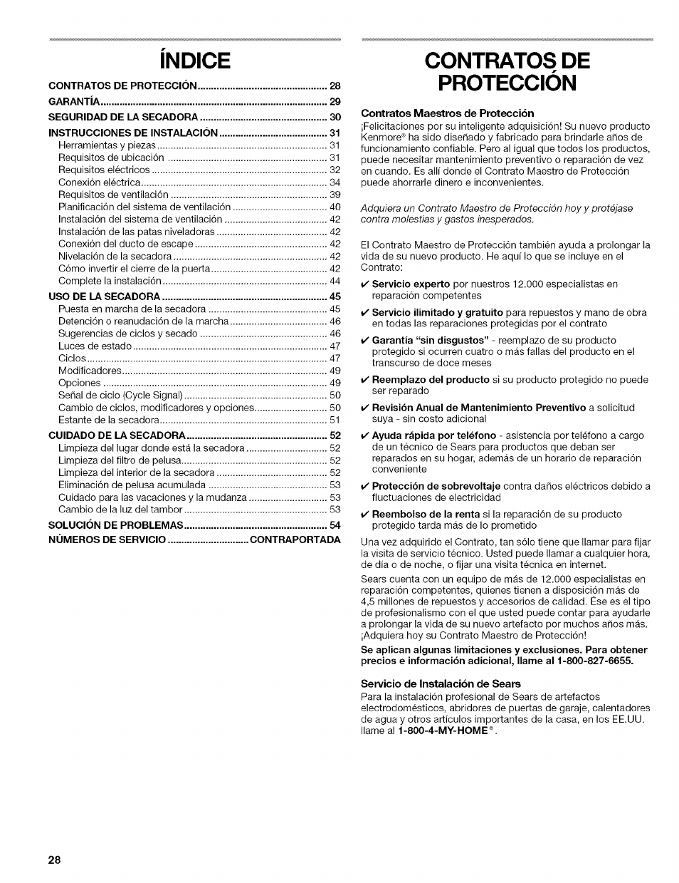 Contratos maestros de protección, Servicio de instalación de sears, Indice | Contratos de protección | Kenmore ELITE OASIS 110.6707 User Manual | Page 28 / 56