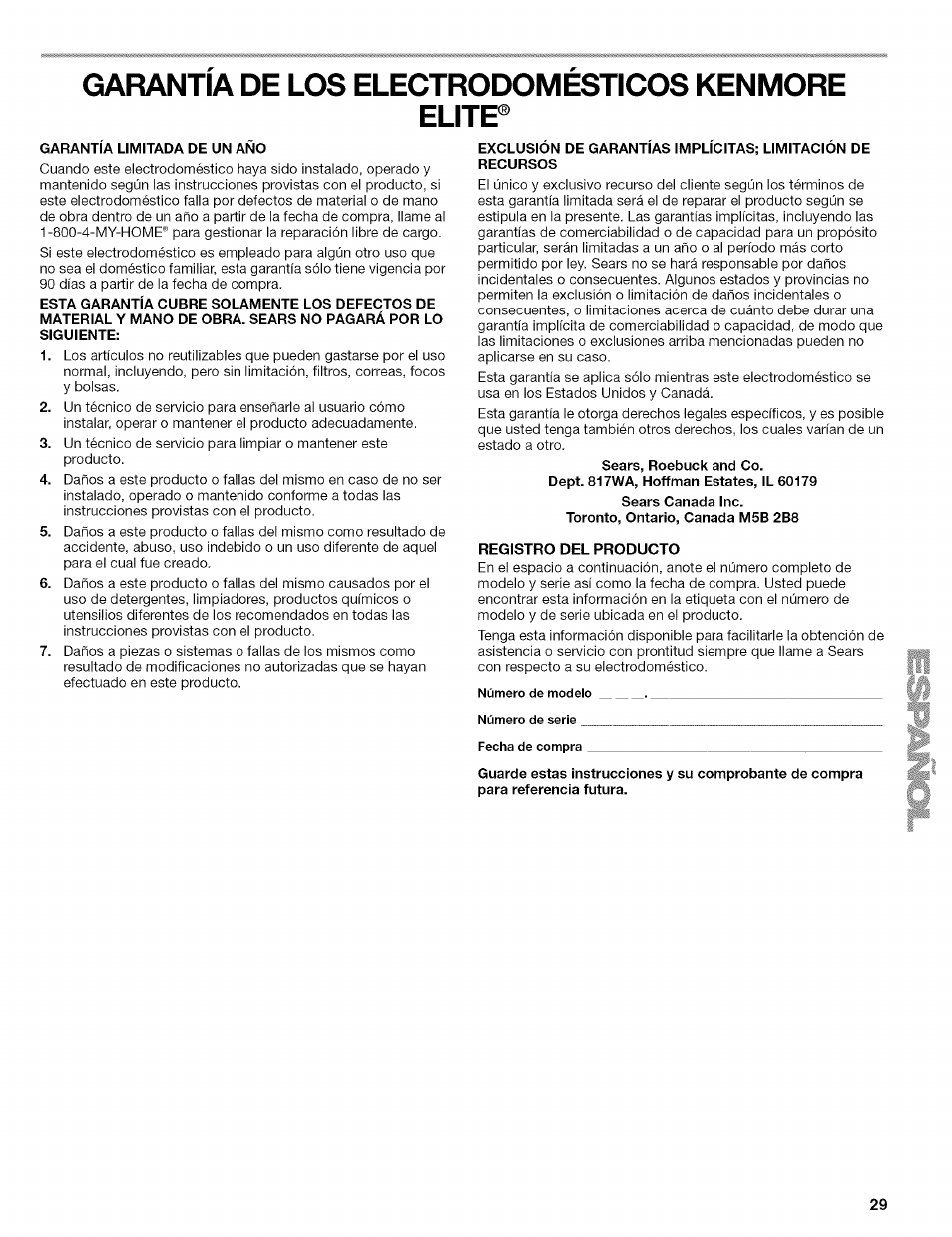 Garantia limitada de un ano, Registro del producto, Garantia de los electrodomesticos kenmore elitp | Kenmore ELITE OASIS 110.6707 User Manual | Page 29 / 56