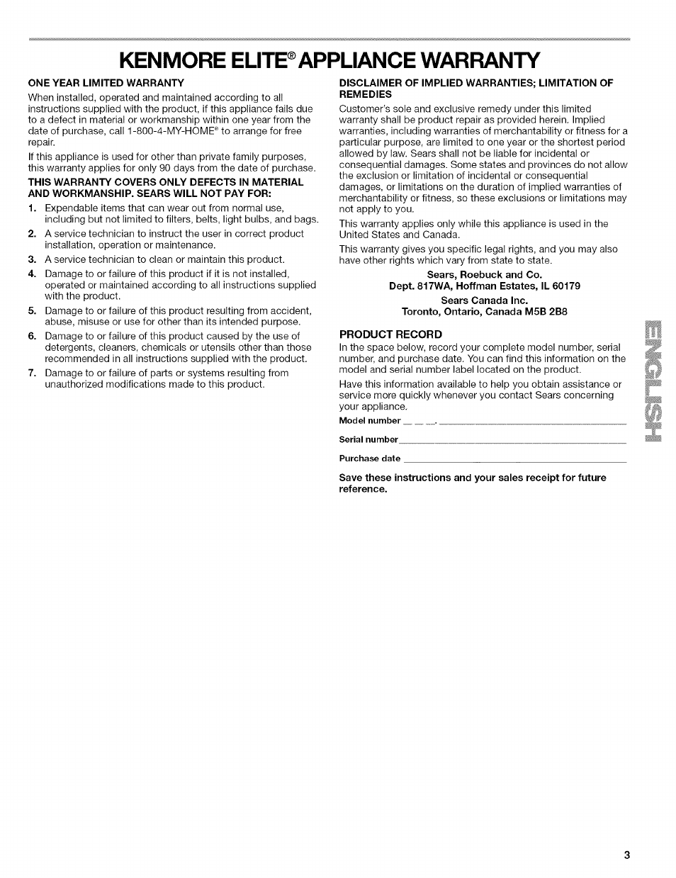 One year limited warranty, Product record, Kenmore elitp appliance warranty | Kenmore ELITE OASIS 110.6707 User Manual | Page 3 / 56