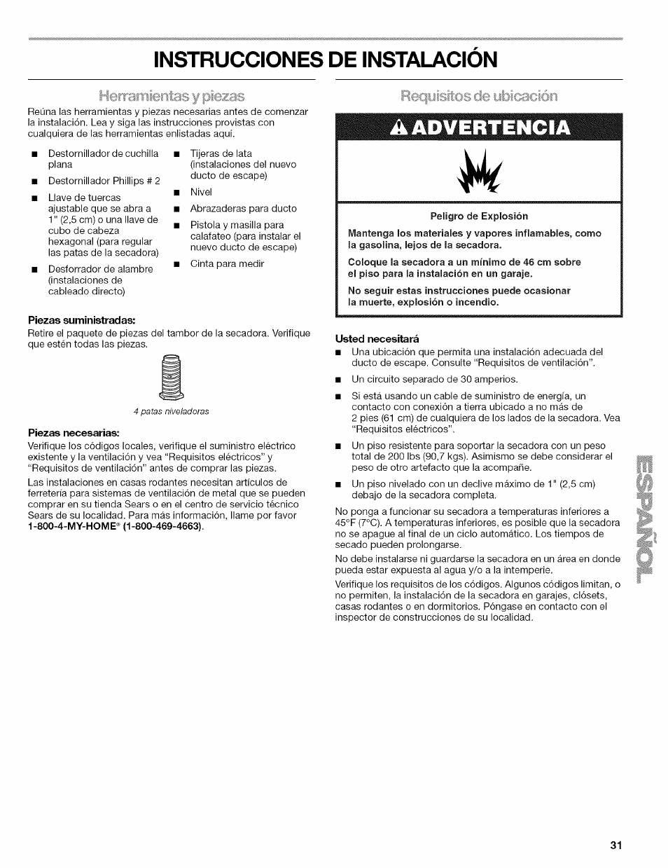 Heitarnientas y piezas, Piezas suministradas, Piezas necesarias | Usted necesitará, Herramientas y piezas, Instrucciones de instalacion, Aadvertencia | Kenmore ELITE OASIS 110.6707 User Manual | Page 31 / 56