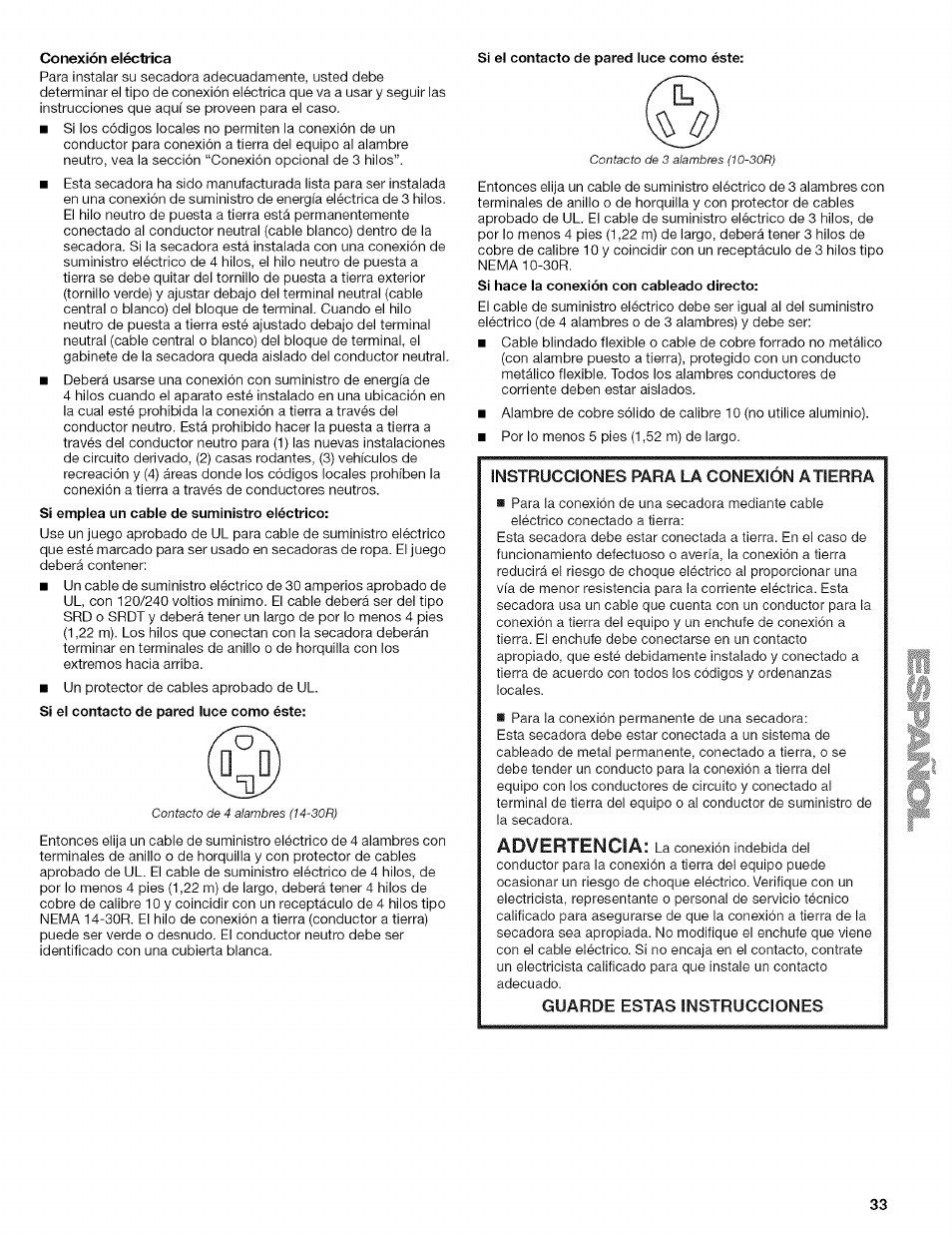 Conexión eléctrica, Si el contacto de pared luce como éste, Advertencia | Kenmore ELITE OASIS 110.6707 User Manual | Page 33 / 56