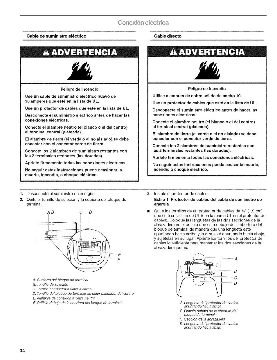 Conejción eléctrica, Cable de suministro eléctrico, Conexión eléctrica | Aadvertencia | Kenmore ELITE OASIS 110.6707 User Manual | Page 34 / 56