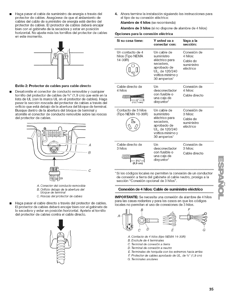 Estilo 2: protector de cables para cable directo, Si su casa tiene, Conexión de 4 hilos: cable de suministro eléctrico | Kenmore ELITE OASIS 110.6707 User Manual | Page 35 / 56