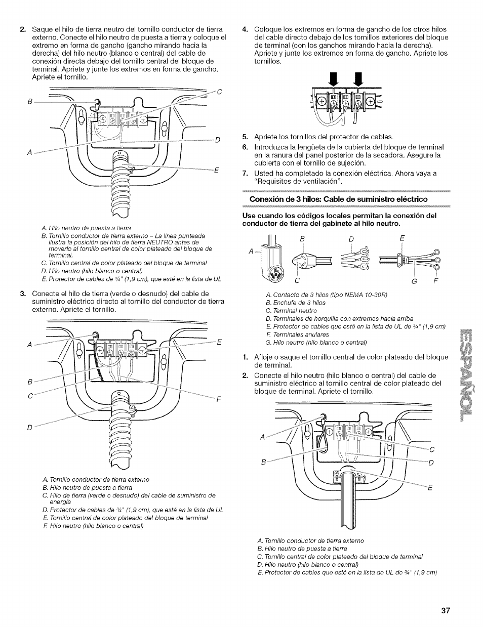 Conexión de 3 hilos: cable de suministro eléctrico | Kenmore ELITE OASIS 110.6707 User Manual | Page 37 / 56