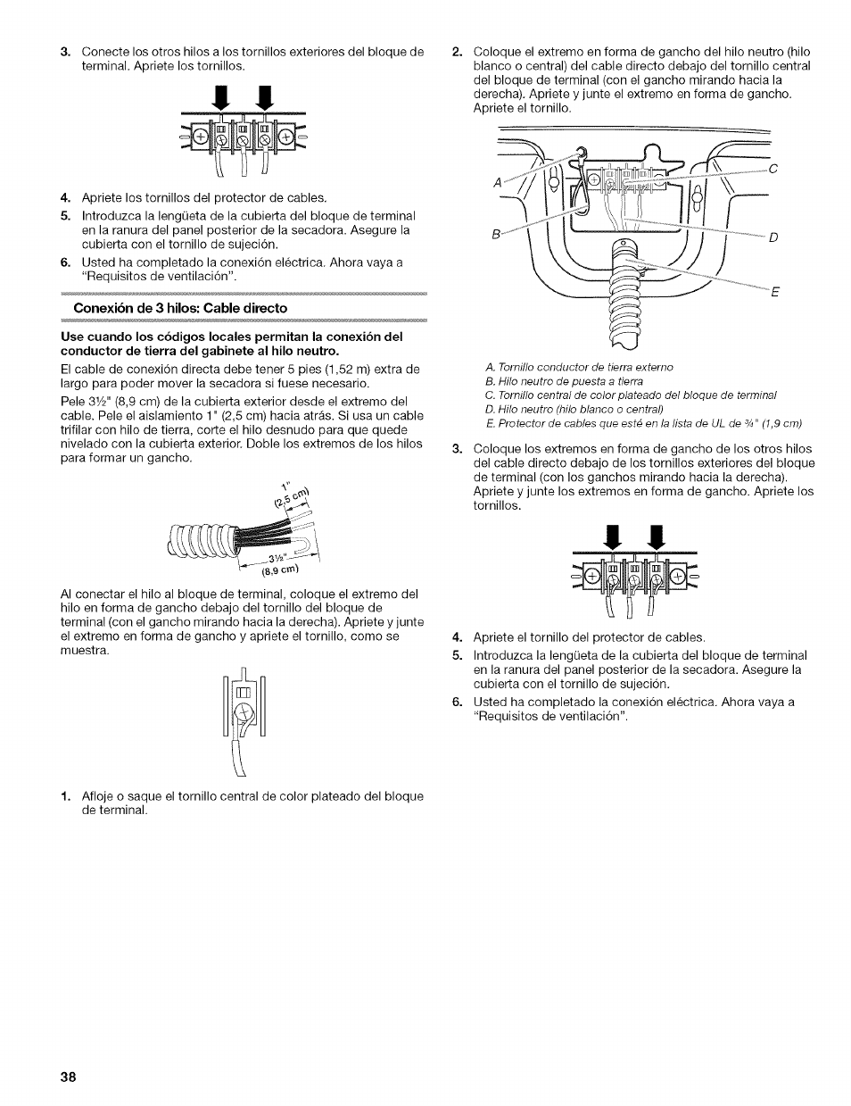 Conexión de 3 hilos: cable directo | Kenmore ELITE OASIS 110.6707 User Manual | Page 38 / 56