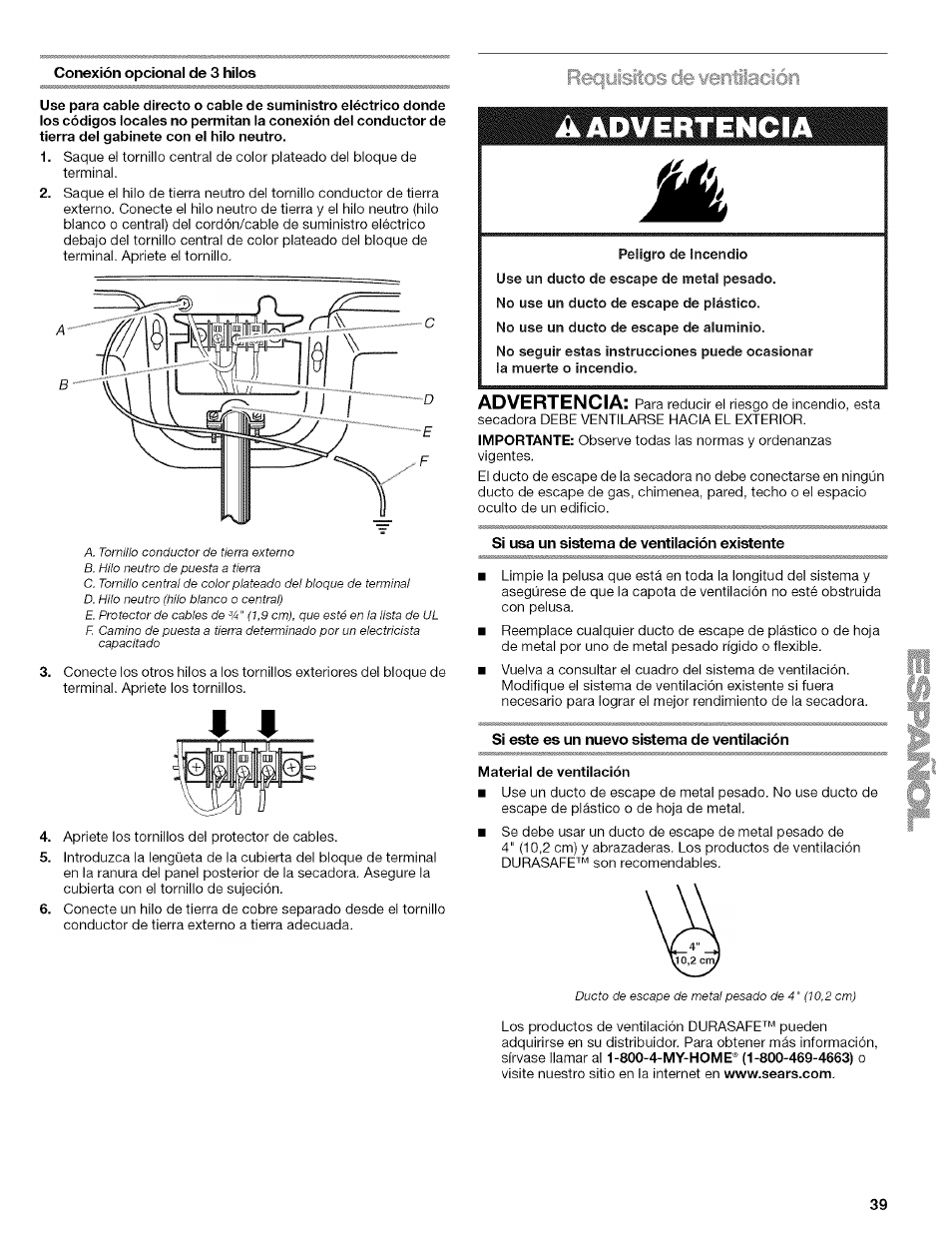 Peligro de incendio, Si usa un sistema de ventilación existente, Material de ventilación | L«|yisios de eertilación | Kenmore ELITE OASIS 110.6707 User Manual | Page 39 / 56