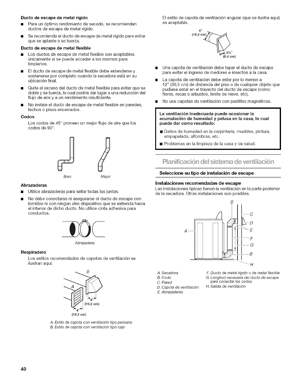 Ducto de escape de metal rígido, Codos, Abrazaderas | Respiradero, Seleccione su tipo de instalación de escape, Instalaciones recomendadas de escape | Kenmore ELITE OASIS 110.6707 User Manual | Page 40 / 56