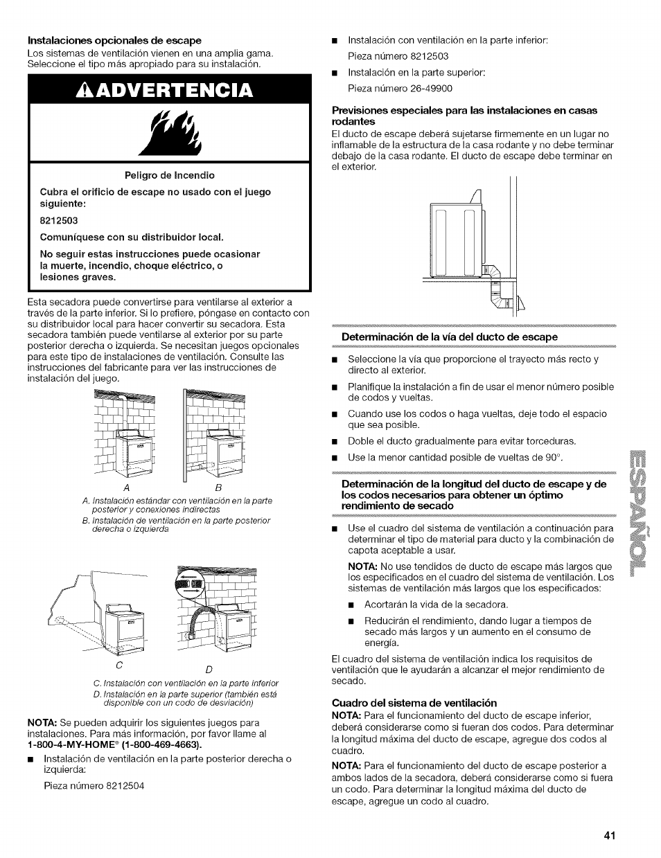 Determinación de la vía del ducto de escape, Cuadro del sistema de ventilación, Planificación del sistema de ventilación | Advertencia | Kenmore ELITE OASIS 110.6707 User Manual | Page 41 / 56