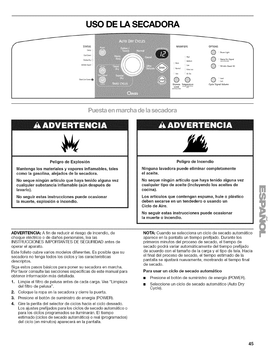 Peligro de incendio, Para usar un ciclo de secado automático, Uso de u\ secadora | A advertencia | Kenmore ELITE OASIS 110.6707 User Manual | Page 45 / 56