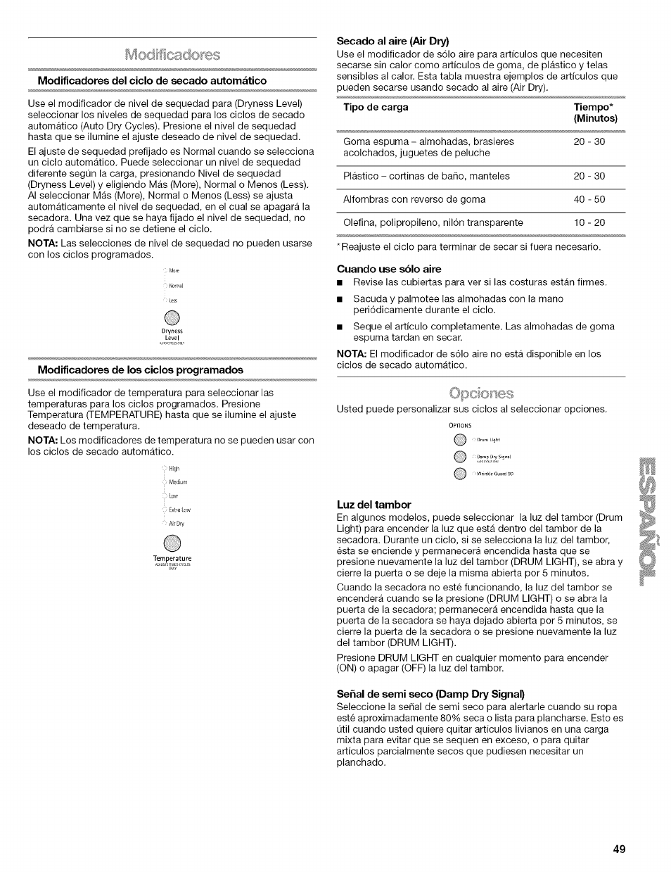 Adores, Modificadores del ciclo de secado automático, Modificadores de ios cicios programados | Secado ai aire (air dry), Clpcicines, Luz dei tambor, Señal de semi seco (damp dry signal) | Kenmore ELITE OASIS 110.6707 User Manual | Page 49 / 56