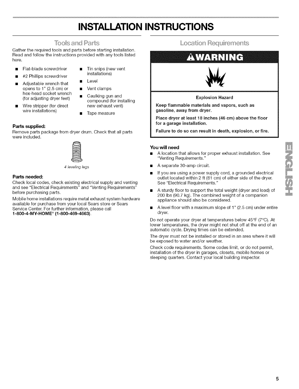 Parts supplied, Explosion hazard, Parts needed | You will need, Installation instructions, Awarning, C . . i€nts | Kenmore ELITE OASIS 110.6707 User Manual | Page 5 / 56