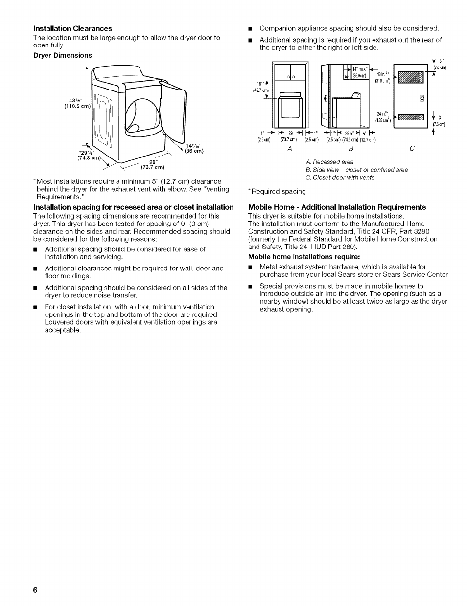 Installation clearances, Mobile home - additional installation requirements | Kenmore ELITE OASIS 110.6707 User Manual | Page 6 / 56