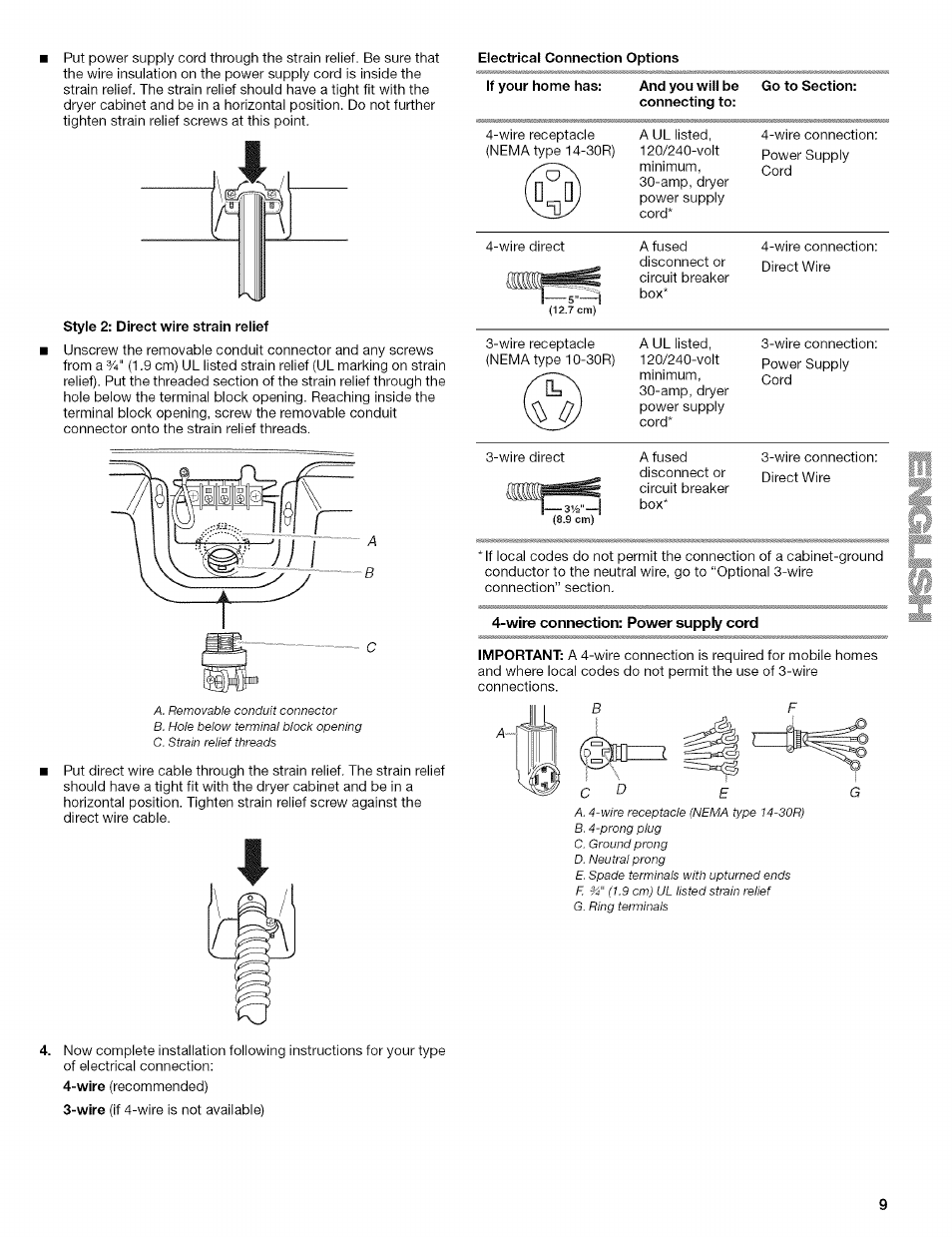 Style 2: direct wire strain relief, Electrical connection options if your home has, And you will be connecting to | Go to section, Wire connection: power supply cord | Kenmore ELITE OASIS 110.6707 User Manual | Page 9 / 56