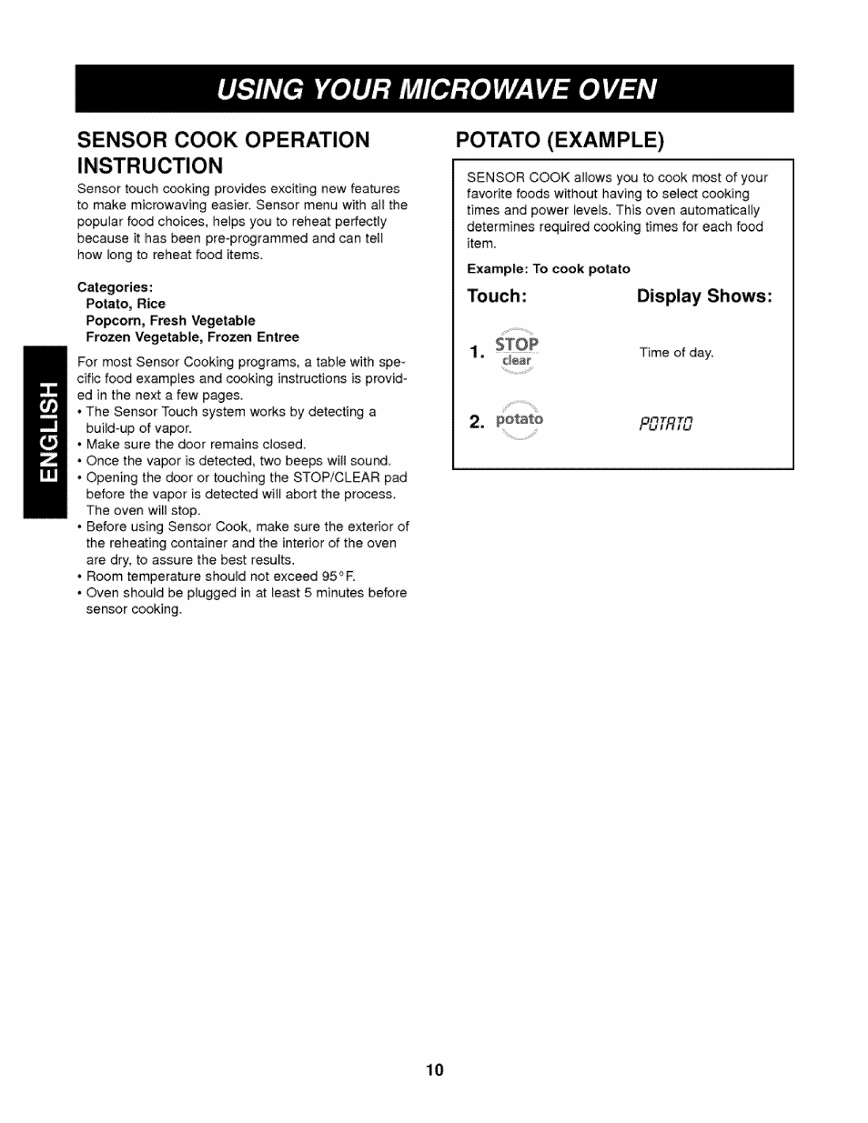 Categories, Using your microwave oven, Sensor cook | Instruction, Potato' (example), Touch, Display shows | Kenmore 721.62342 User Manual | Page 10 / 20