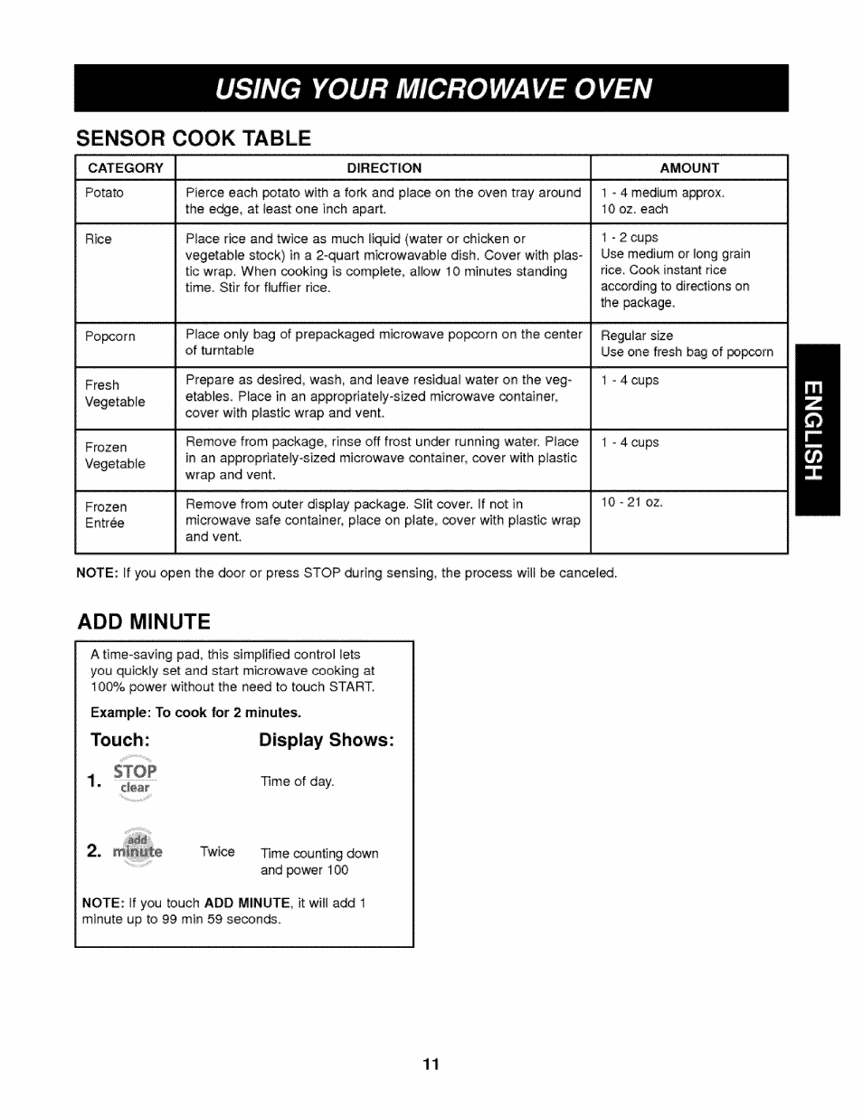 Sensor cook table, Display shows, Touch | Kenmore 721.62342 User Manual | Page 11 / 20