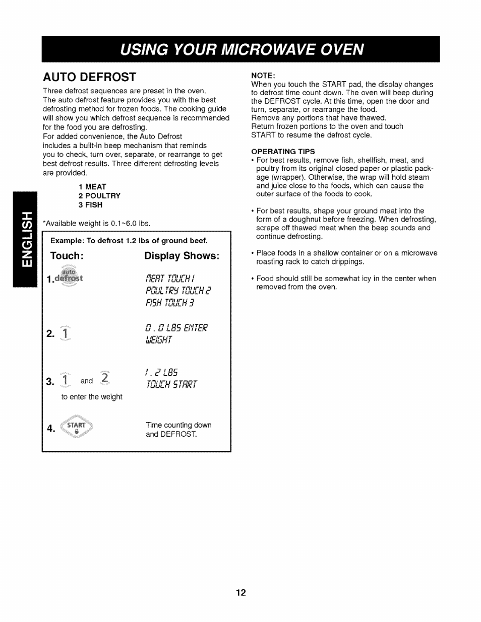 Using your microwave oven, Flem 7duchi poutmh tbulhp fish i0ulh3, B.nibsehtes u85ht | I.flbs tsuehsimi, Touch: display shows: 1. i | Kenmore 721.62342 User Manual | Page 12 / 20