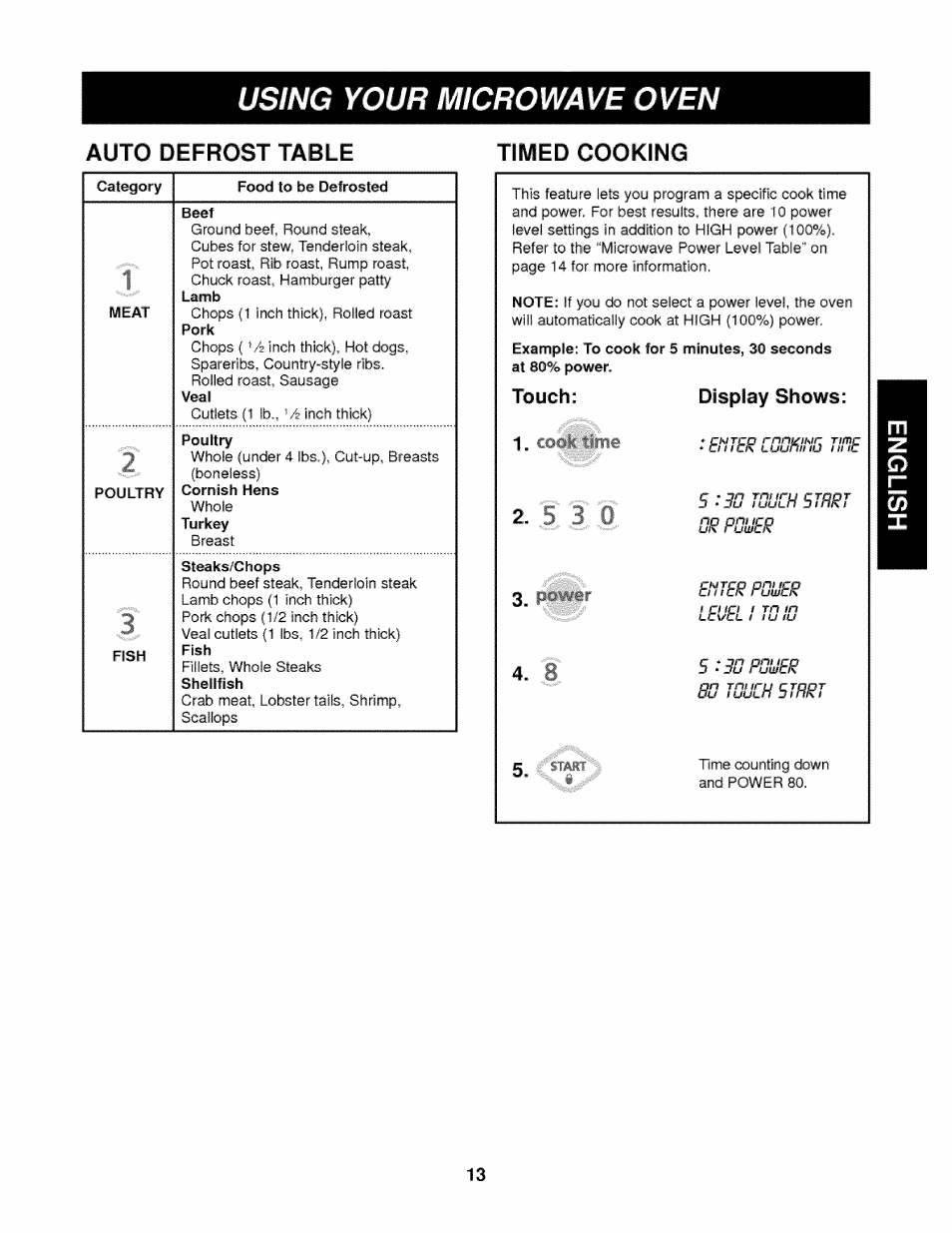 Timed cooking, Touch; display shows: 1 | Kenmore 721.62342 User Manual | Page 13 / 20